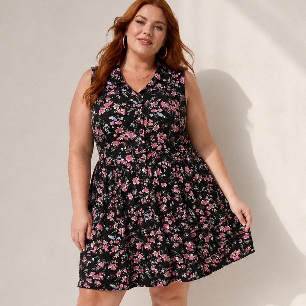 Torrid Shirt Dress Womens Plus 3 Black Floral Sleeveless Button Front Short